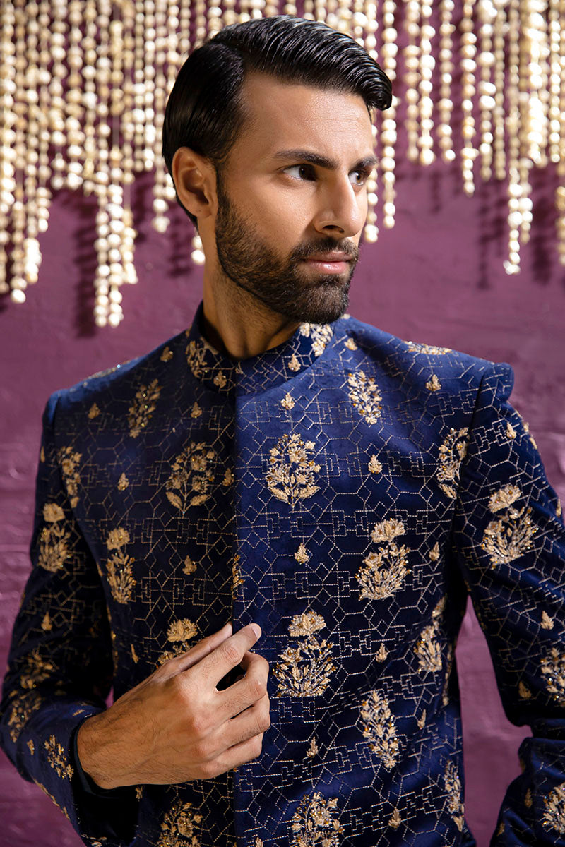 Navy Blue Embroidered Velour Prince Coat (2-Piece) - Image 3