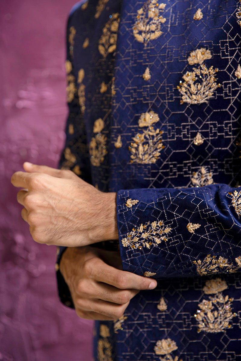 Navy Blue Embroidered Velour Prince Coat (2-Piece) - Image 4