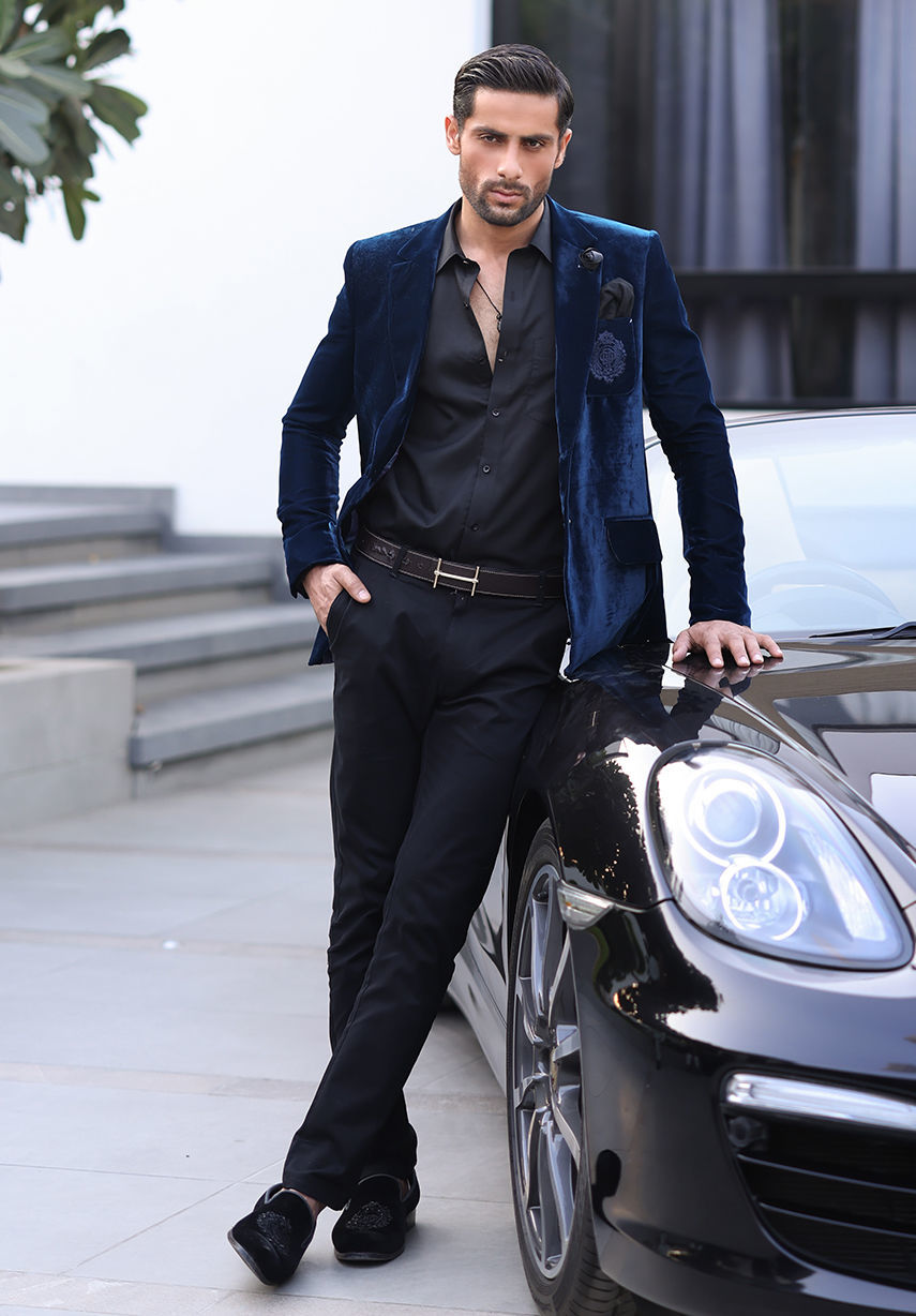 Navy Blue Embroidered Velvet Prince Coat (3-Piece) - Image 1