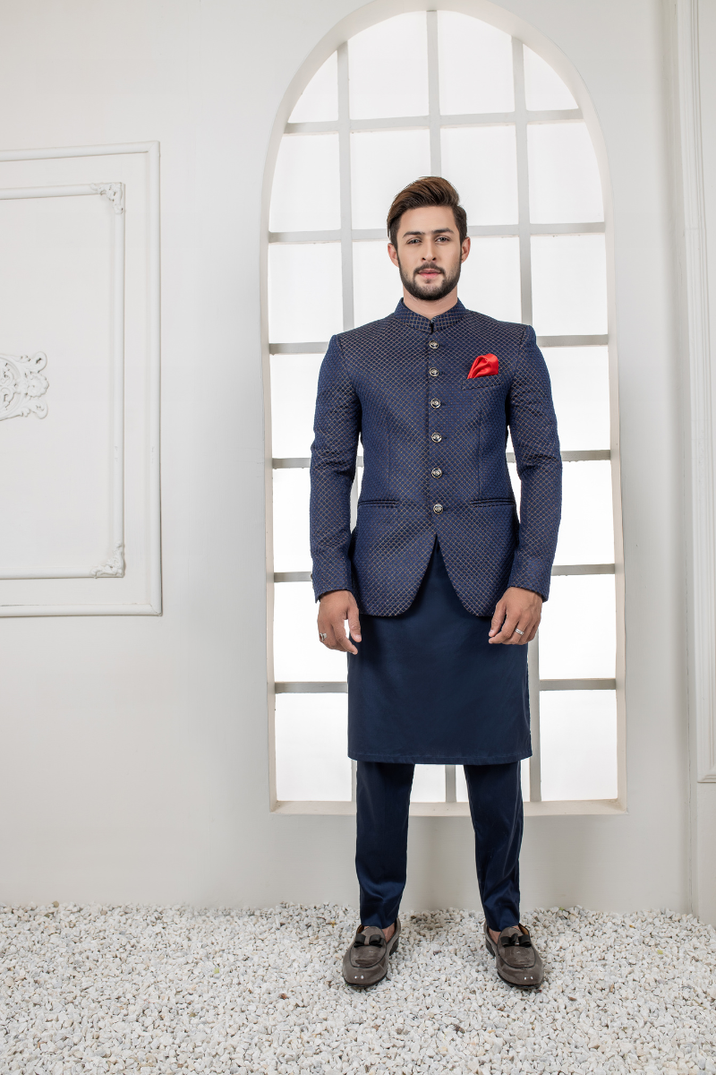 Navy Blue Woven Wool Prince Coat (3-Piece) - Image 1