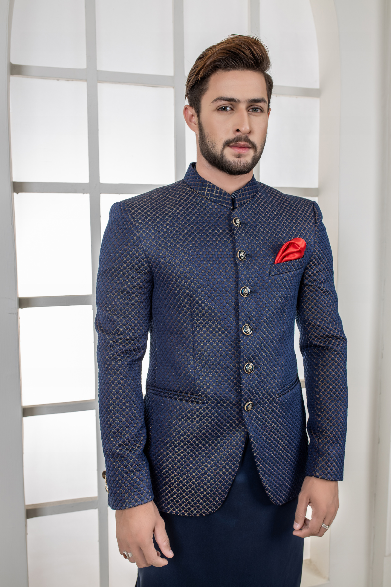 Navy Blue Woven Wool Prince Coat (3-Piece) - Image 2