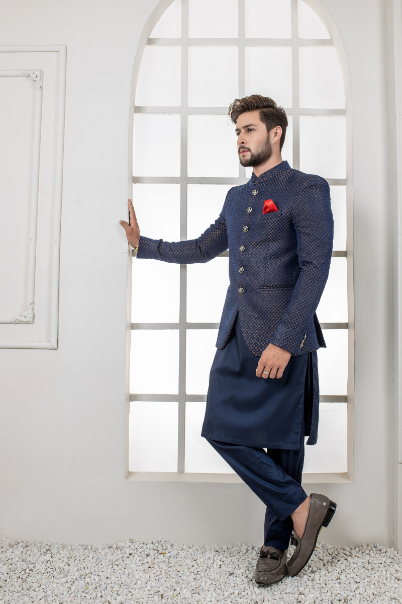 Navy Blue Woven Wool Prince Coat (3-Piece) - Image 3