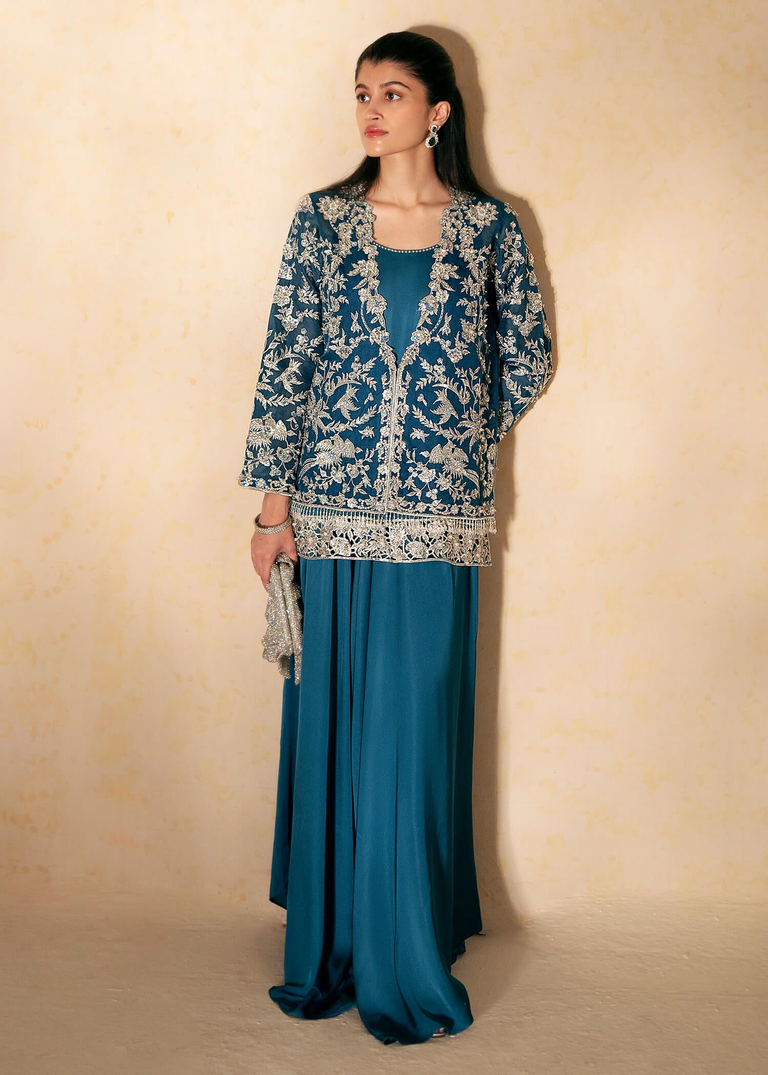 Pakistani Navy Embellished Chiffon & PK Grip Jacket Set (3-Piece) - Image 1