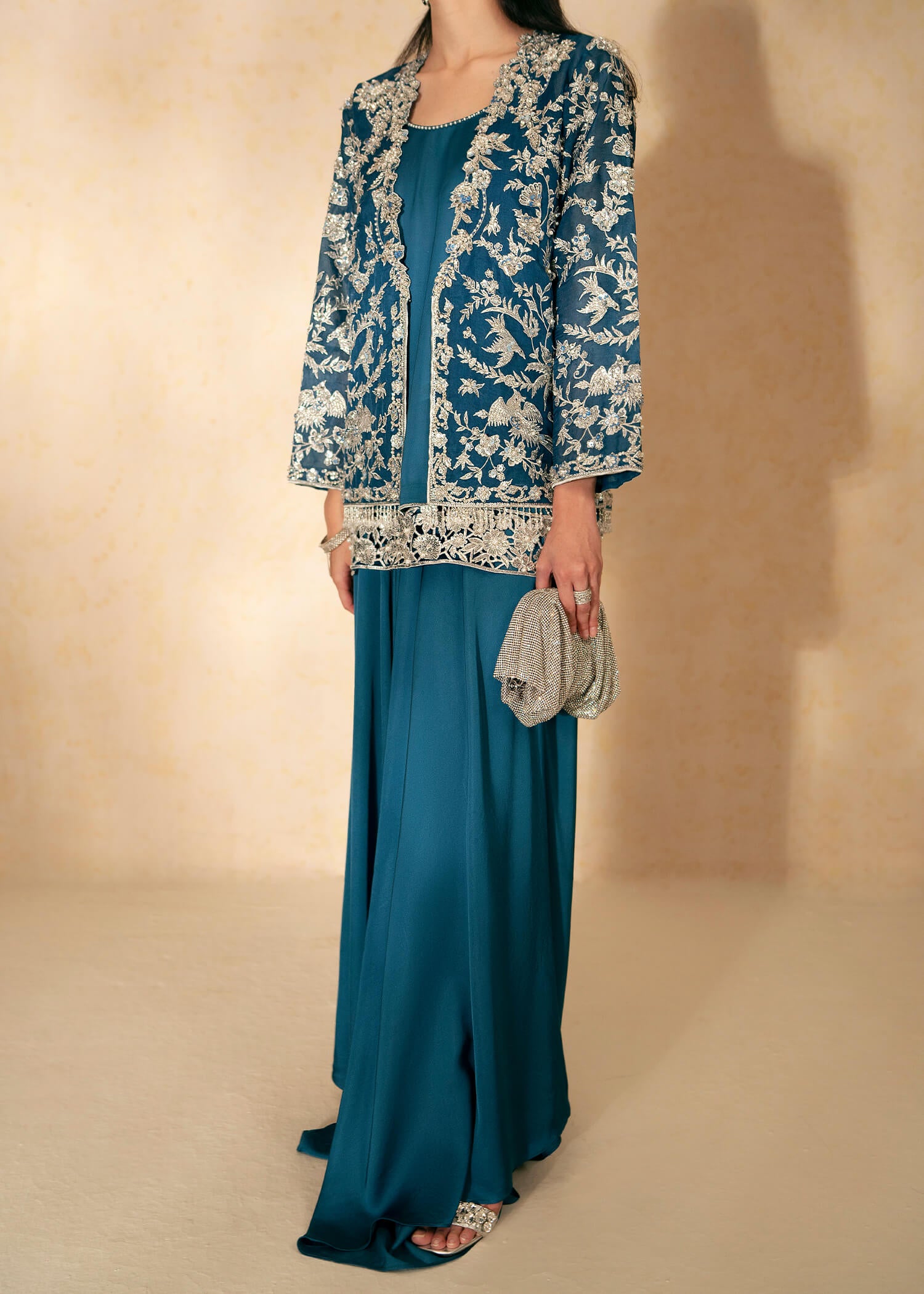 Pakistani Navy Embellished Chiffon & PK Grip Jacket Set (3-Piece) - Image 2