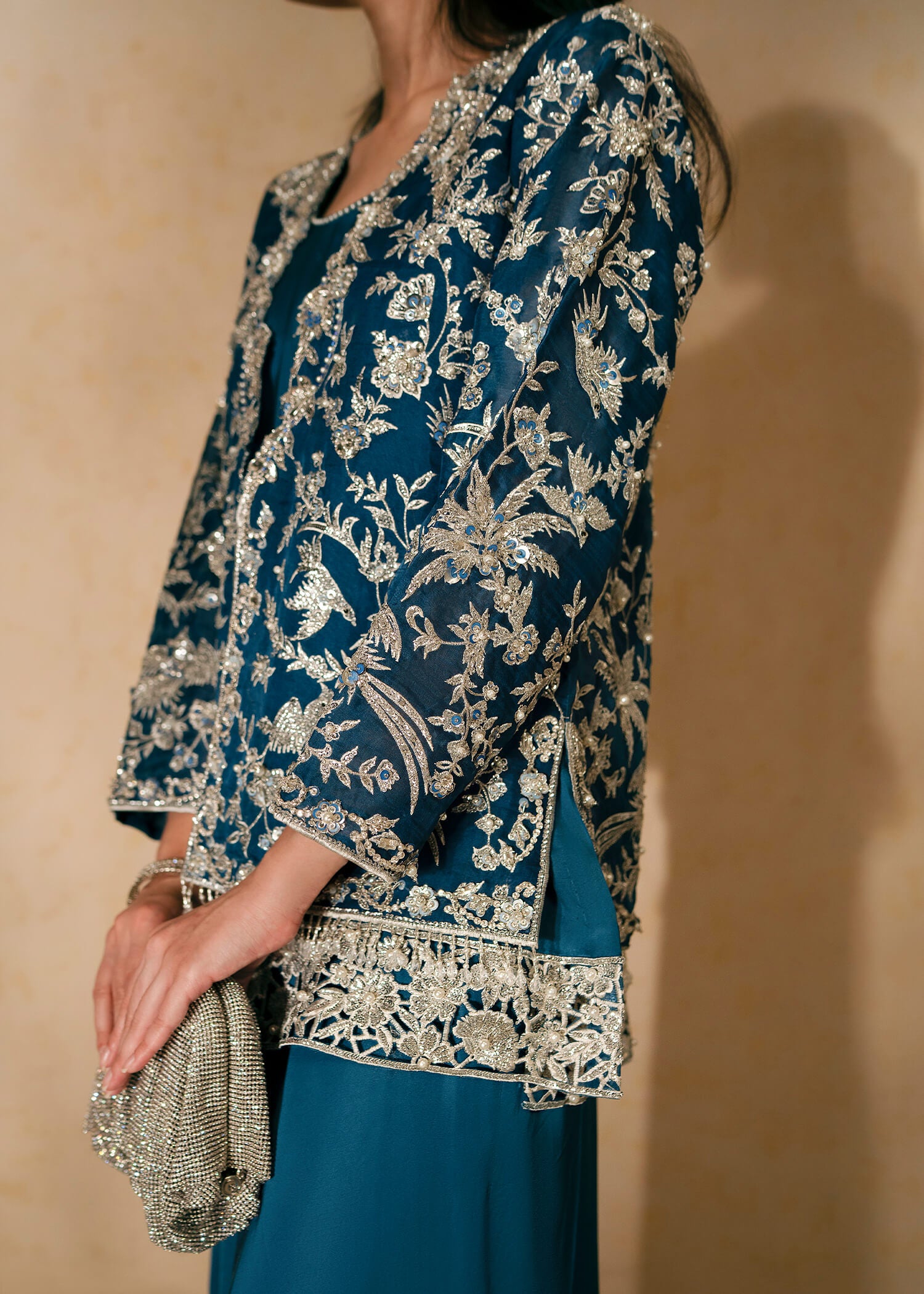 Pakistani Navy Embellished Chiffon & PK Grip Jacket Set (3-Piece) - Image 3