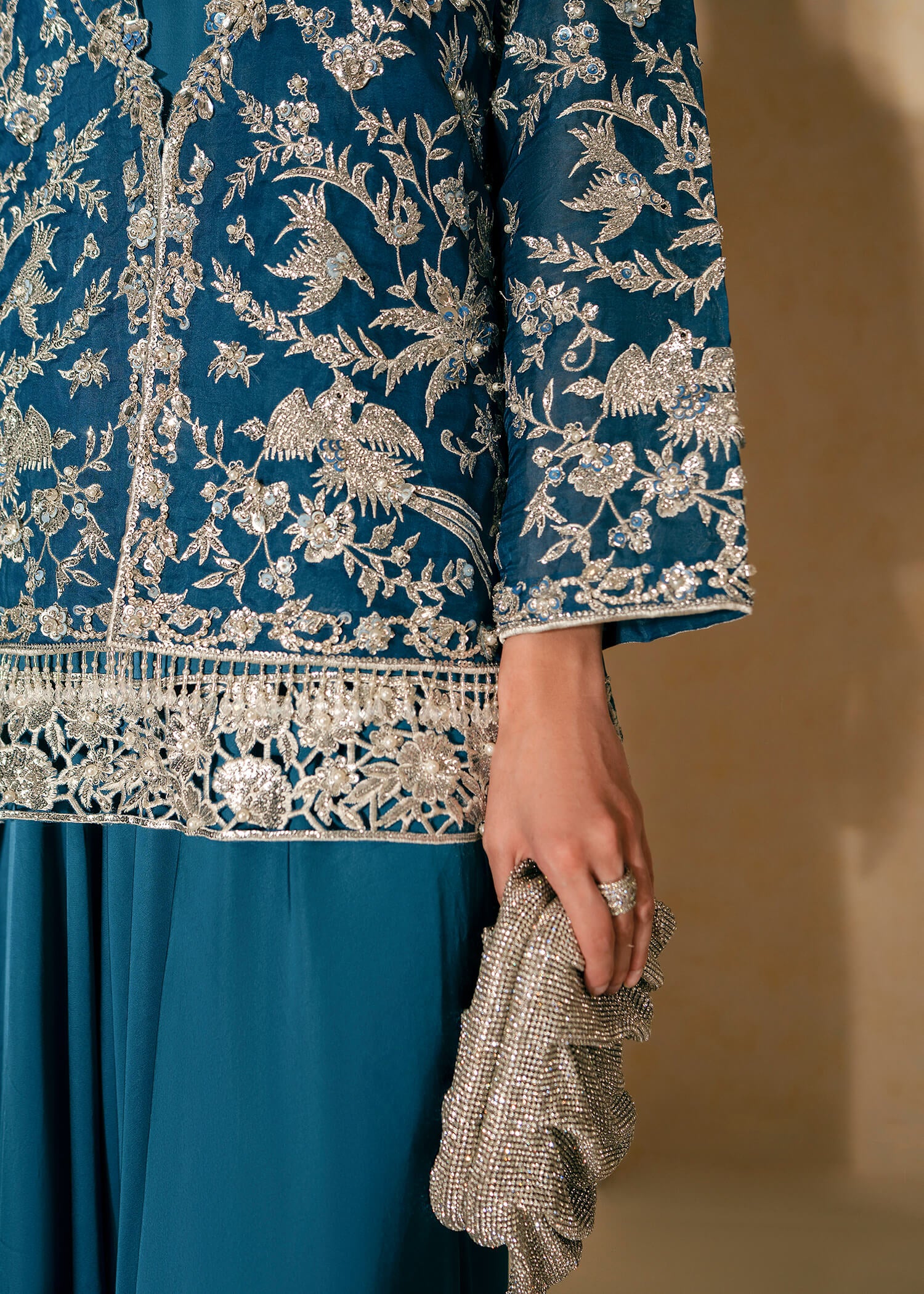 Pakistani Navy Embellished Chiffon & PK Grip Jacket Set (3-Piece) - Image 4