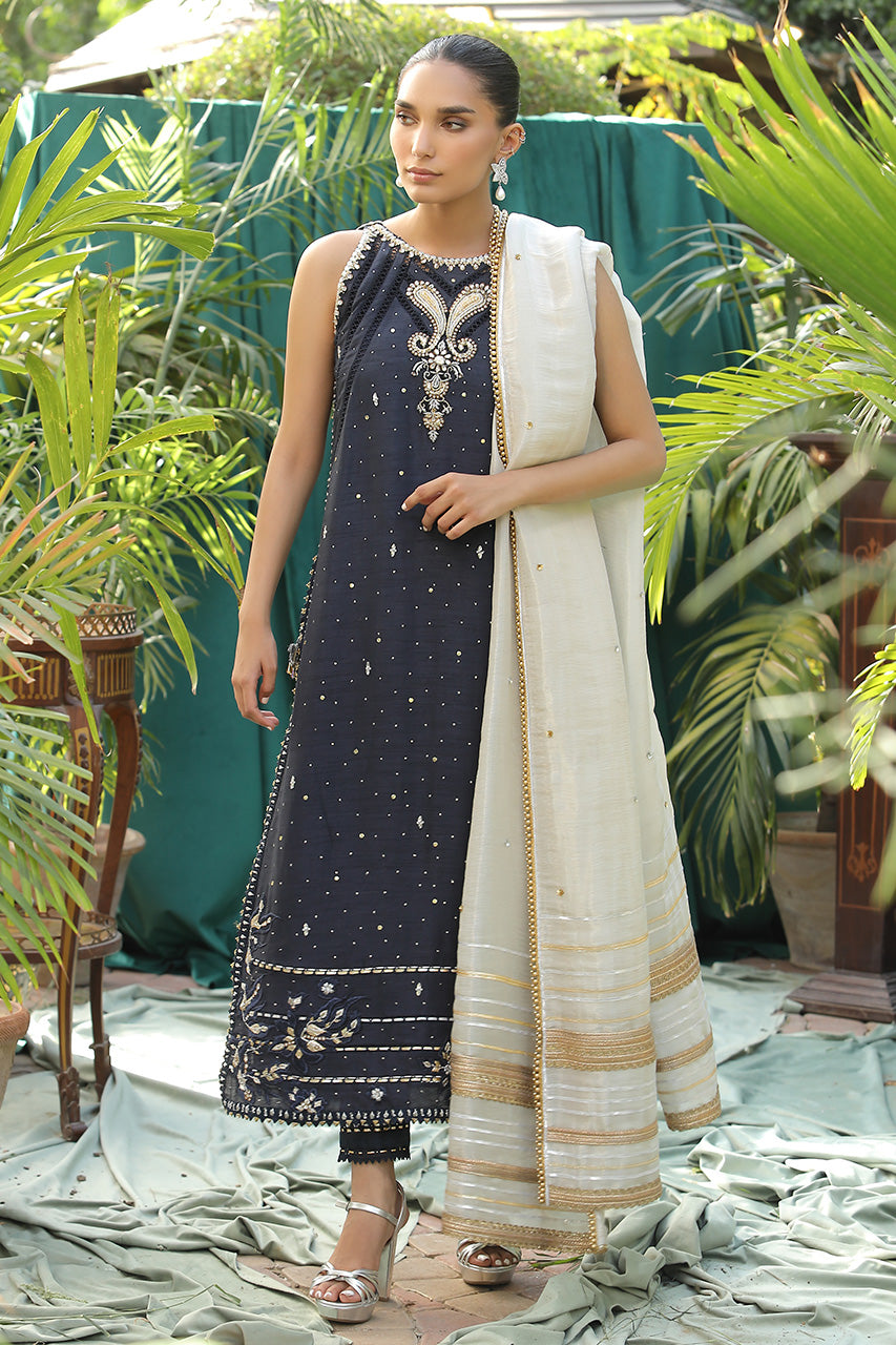 Navy Blue Gota Embroidered China Silk Salwar Kameez (3-Piece) - Image 1