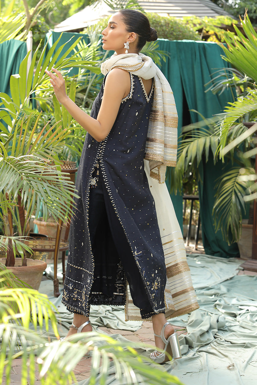 Navy Blue Gota Embroidered China Silk Salwar Kameez (3-Piece) - Image 2