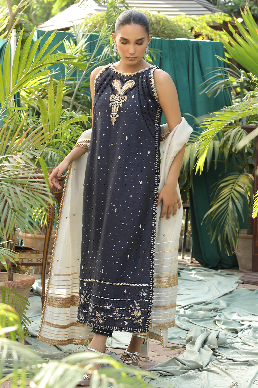 Navy Blue Gota Embroidered China Silk Salwar Kameez (3-Piece) - Image 3