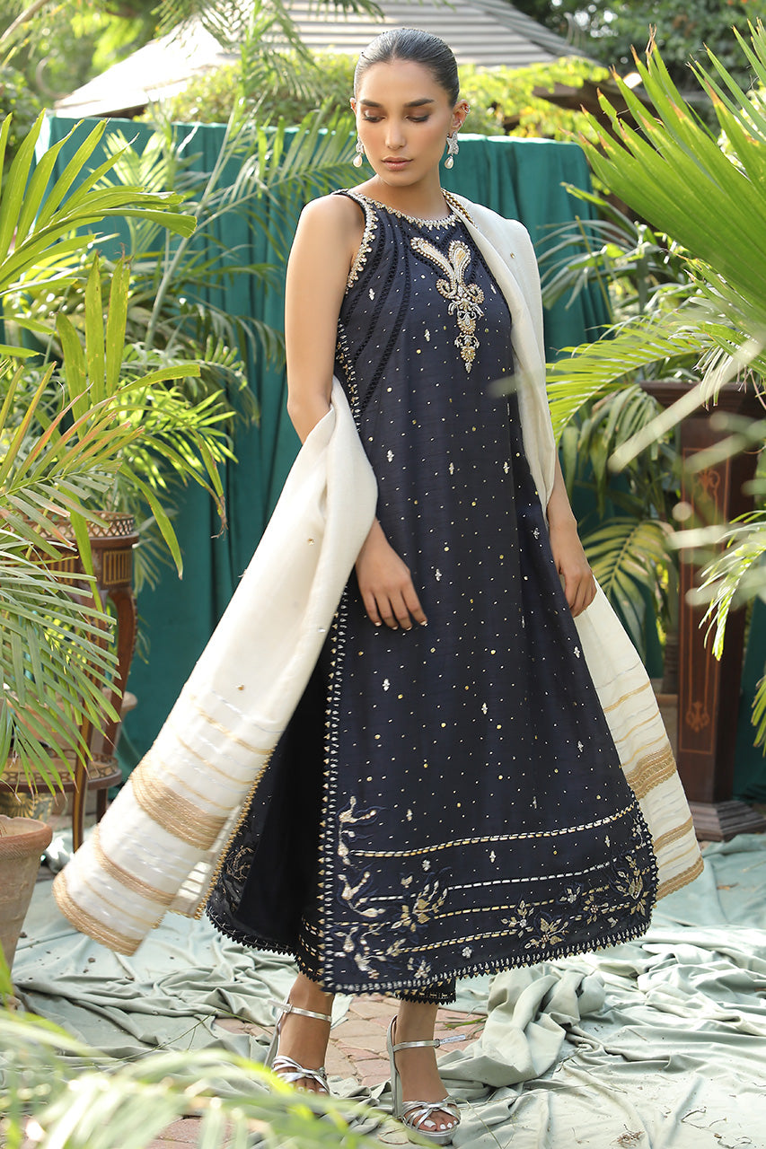 Navy Blue Gota Embroidered China Silk Salwar Kameez (3-Piece) - Image 4