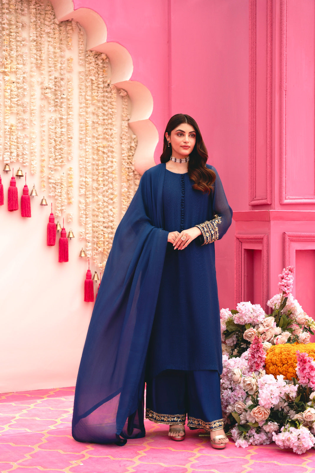 Dark Navy Blue Zardozi Cotton Net Salwar Kameez (3-Piece) - Image 1