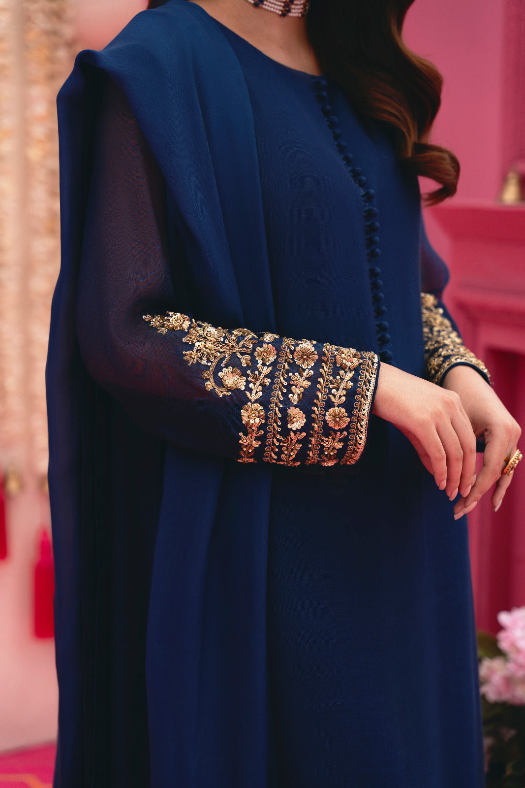 Dark Navy Blue Zardozi Cotton Net Salwar Kameez (3-Piece) - Image 2