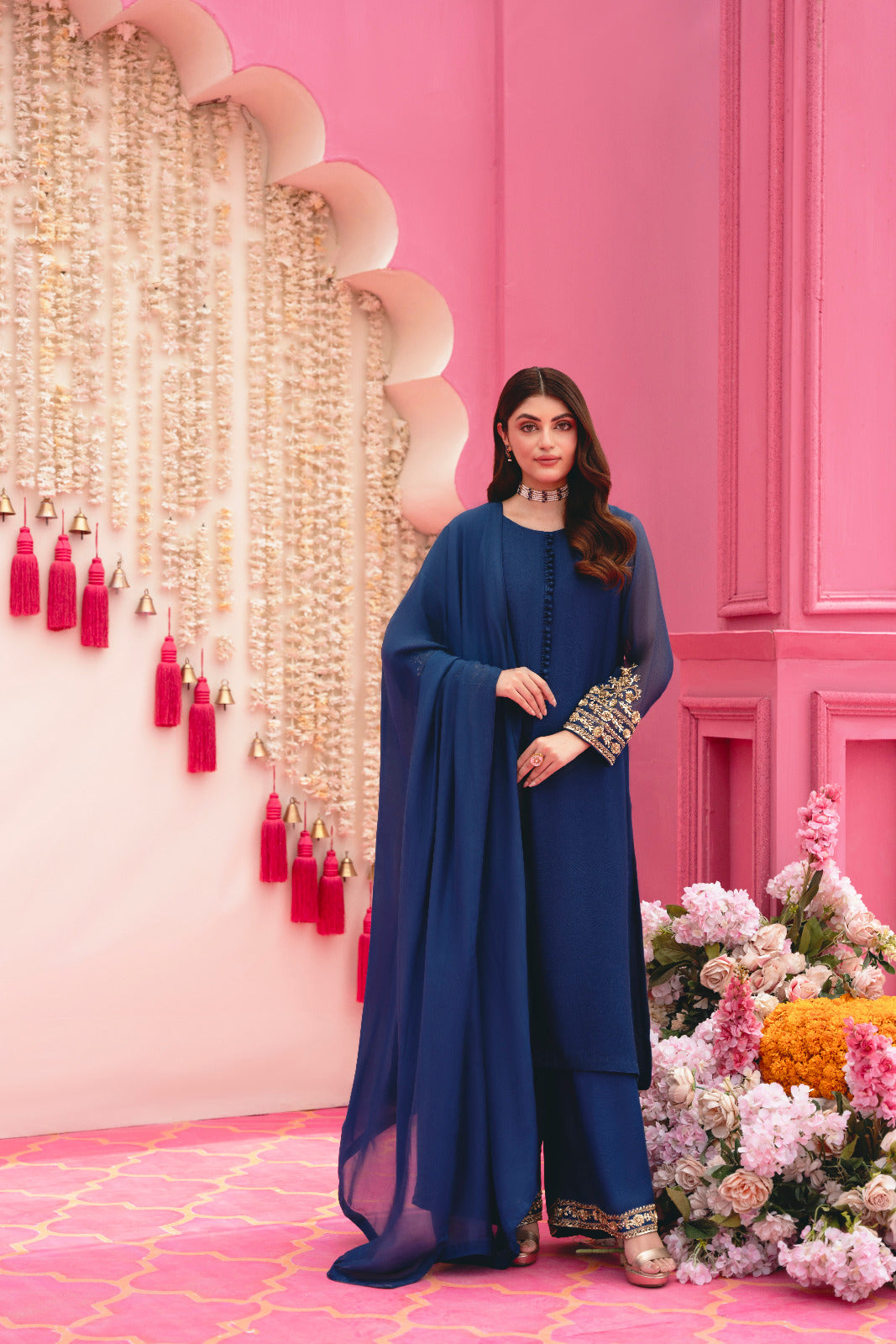 Dark Navy Blue Zardozi Cotton Net Salwar Kameez (3-Piece) - Image 3