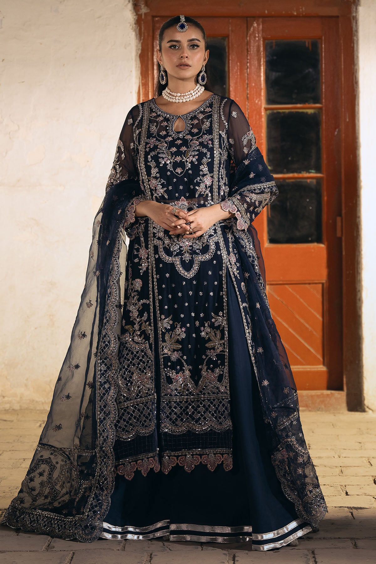 Pakistani Navy Embroidered Crinkle Chiffon Salwar Kameez (3-Piece) - Image 1