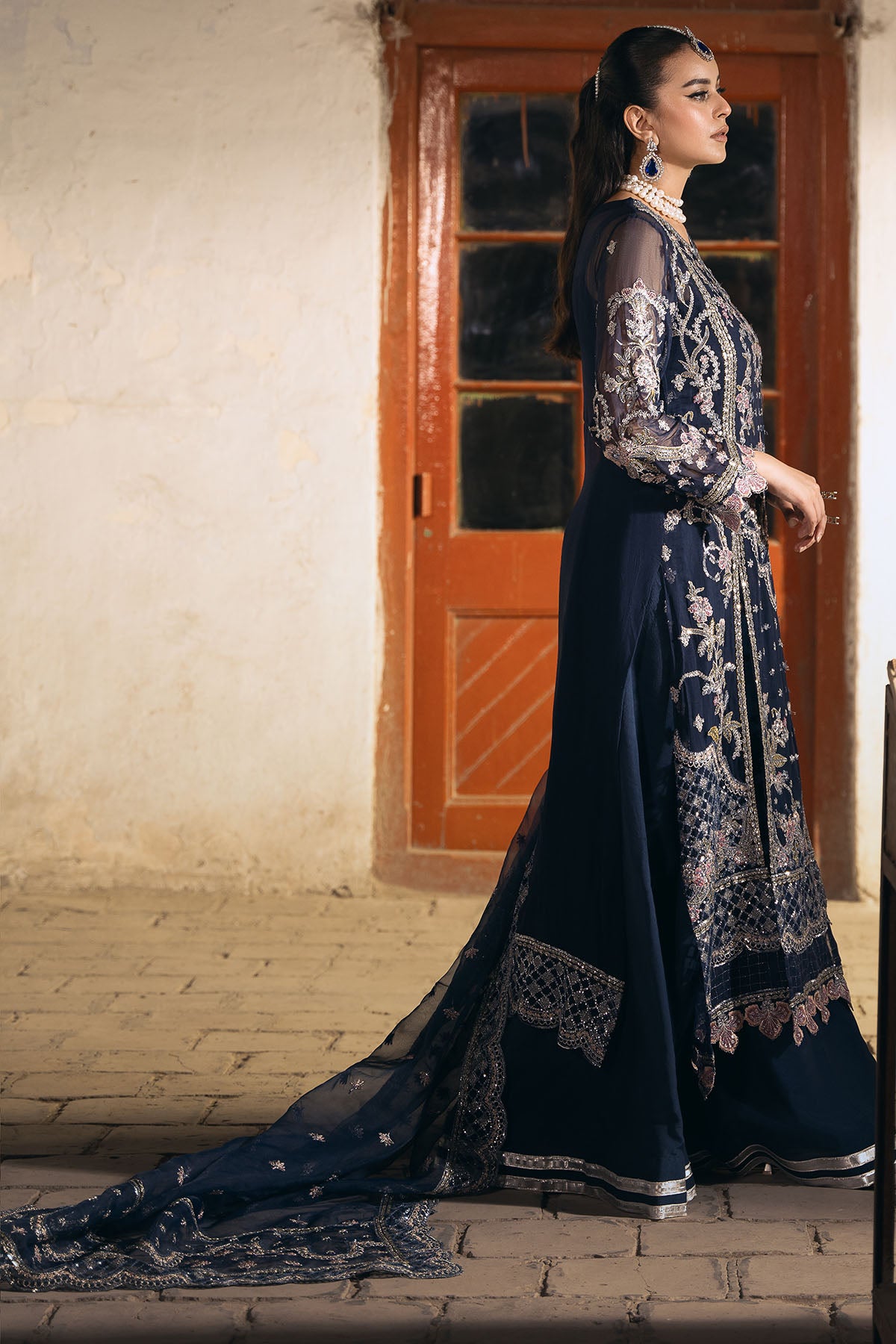 Pakistani Navy Embroidered Crinkle Chiffon Salwar Kameez (3-Piece) - Image 2