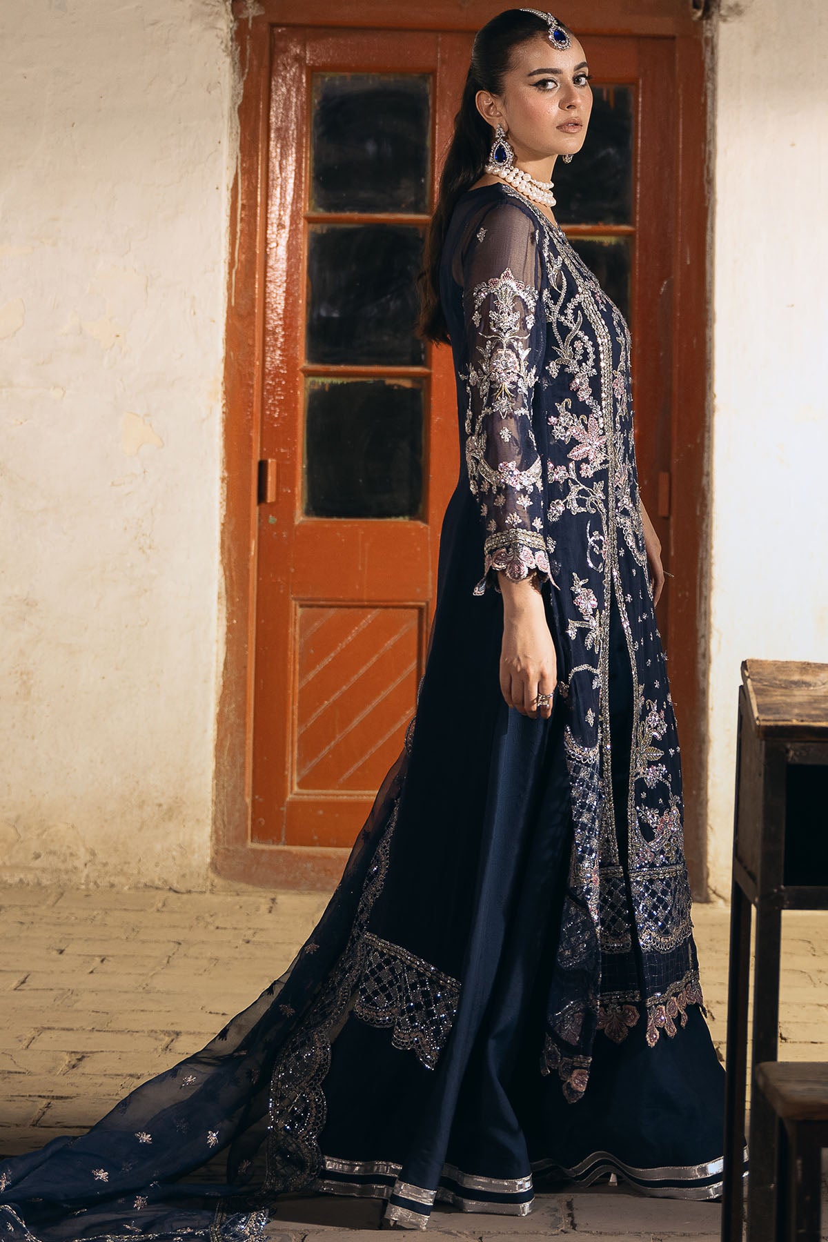 Pakistani Navy Embroidered Crinkle Chiffon Salwar Kameez (3-Piece) - Image 3