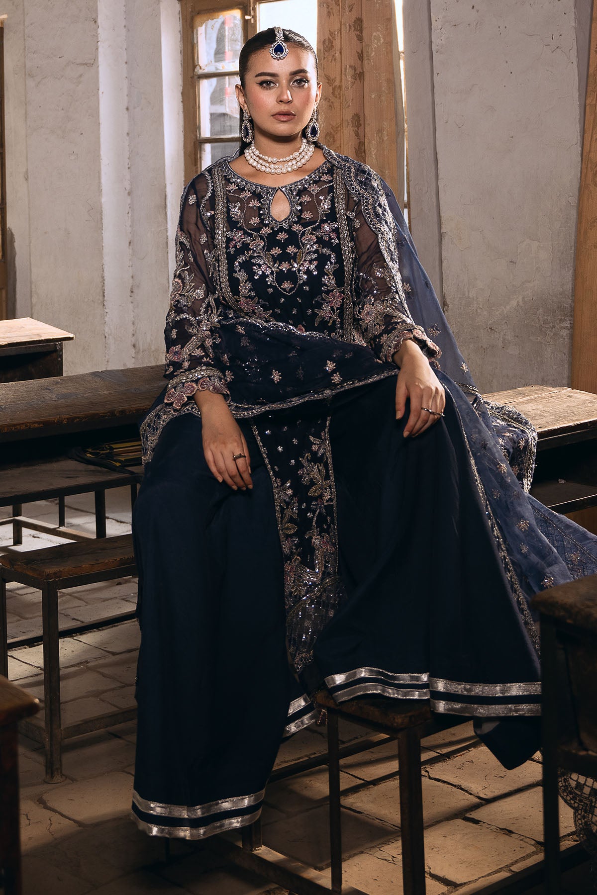 Pakistani Navy Embroidered Crinkle Chiffon Salwar Kameez (3-Piece) - Image 5