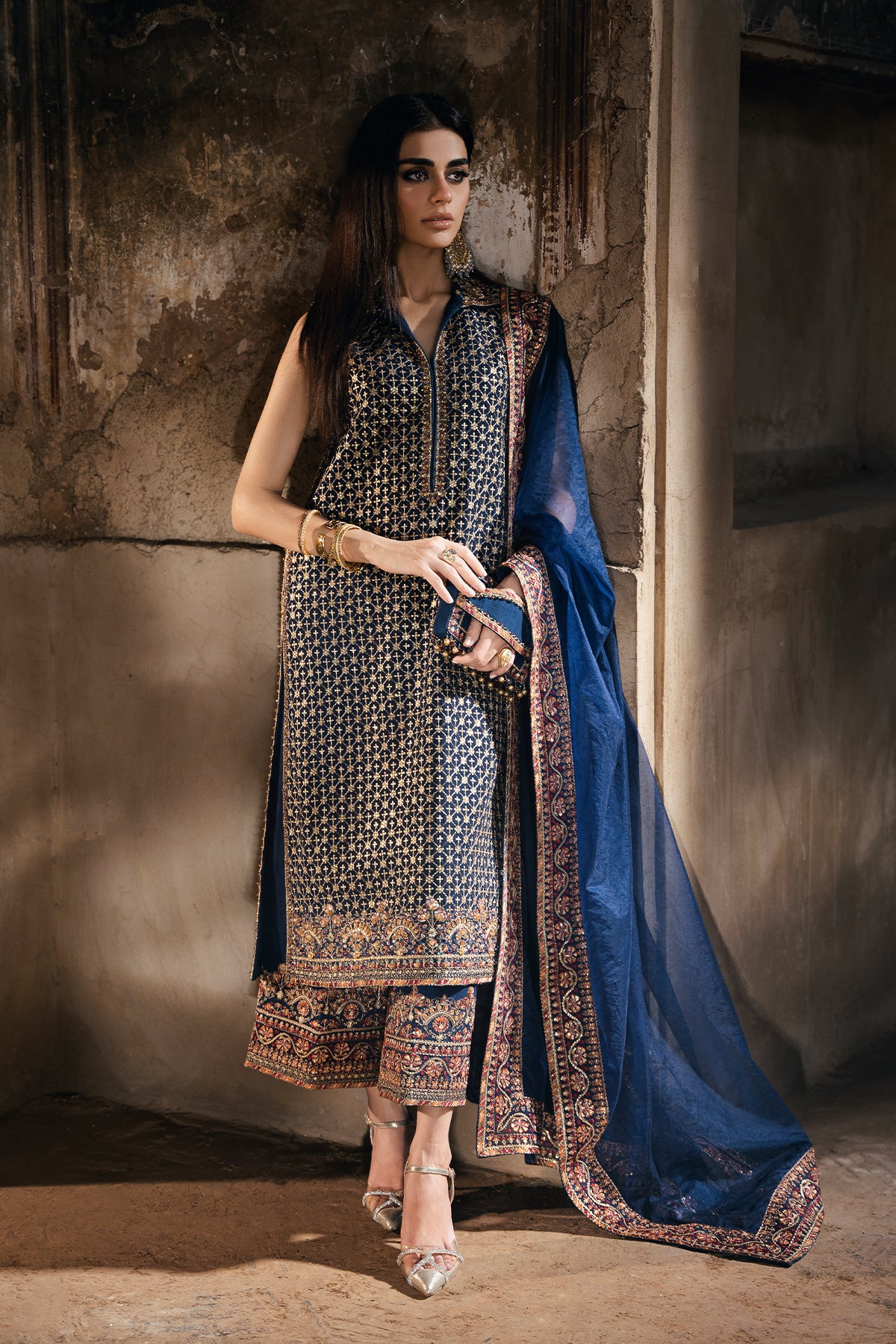 Pakistani Navy Embroidered Korean Raw Silk Salwar Kameez (3-Piece) - Image 1