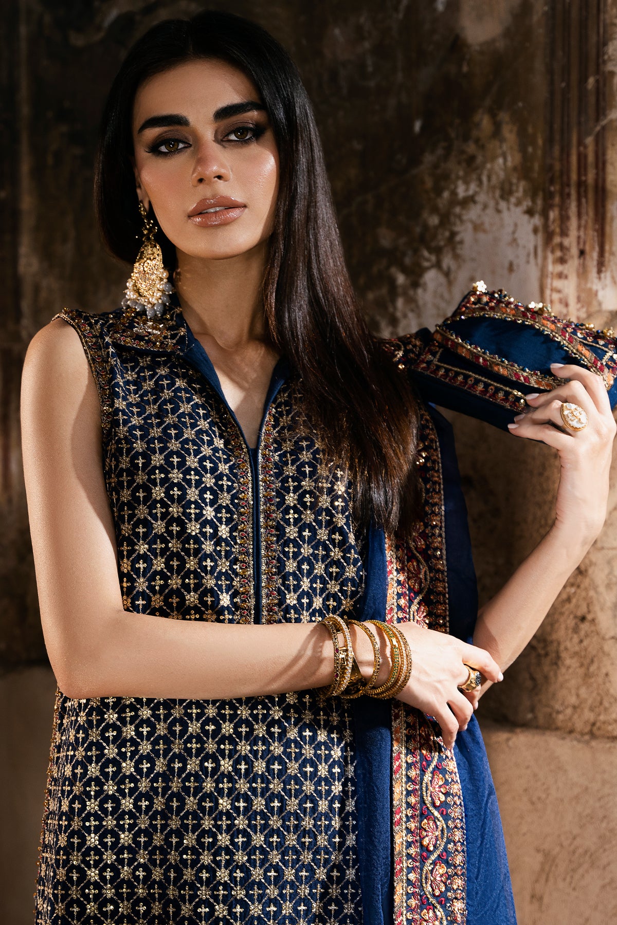 Pakistani Navy Embroidered Korean Raw Silk Salwar Kameez (3-Piece) - Image 2