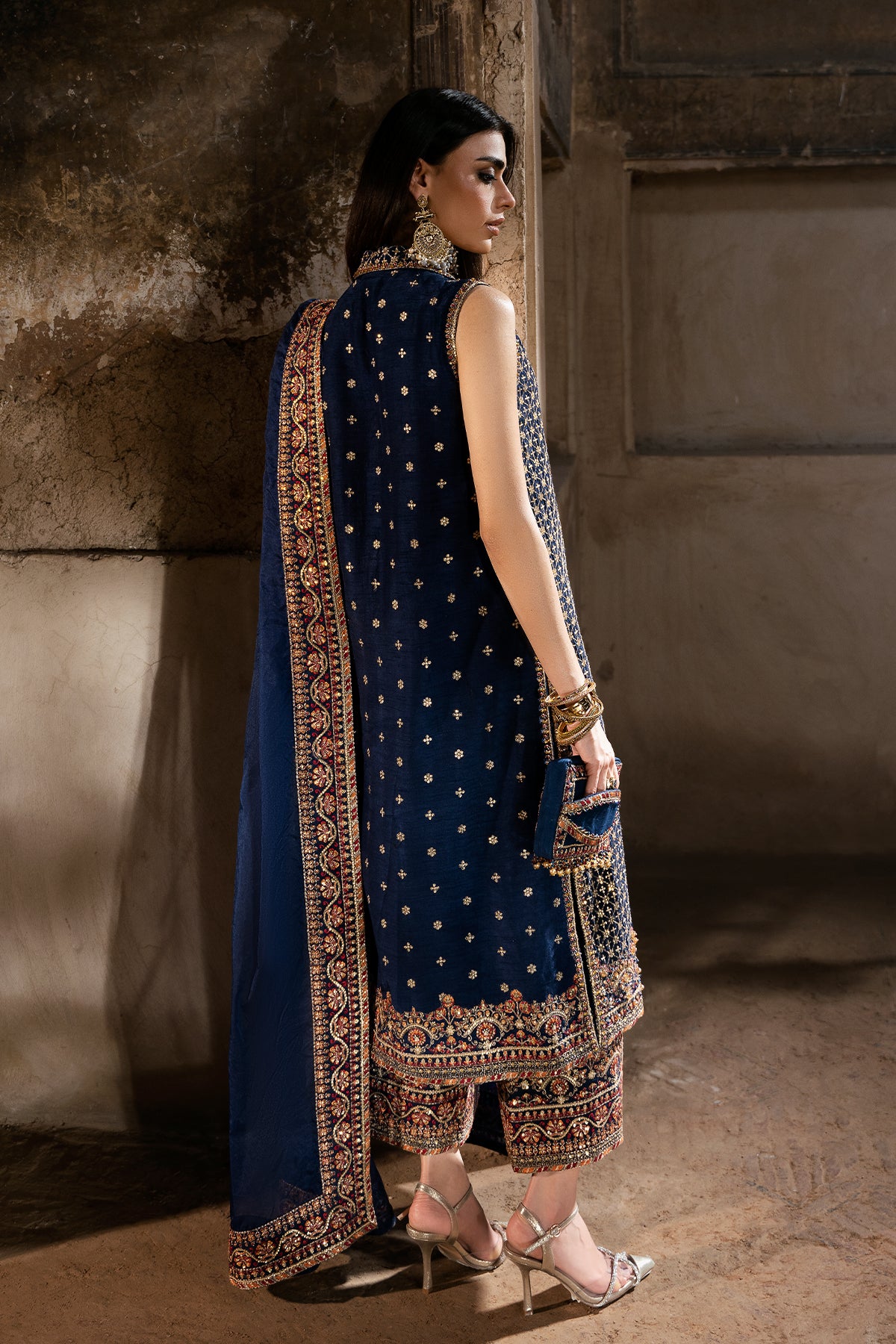 Pakistani Navy Embroidered Korean Raw Silk Salwar Kameez (3-Piece) - Image 3