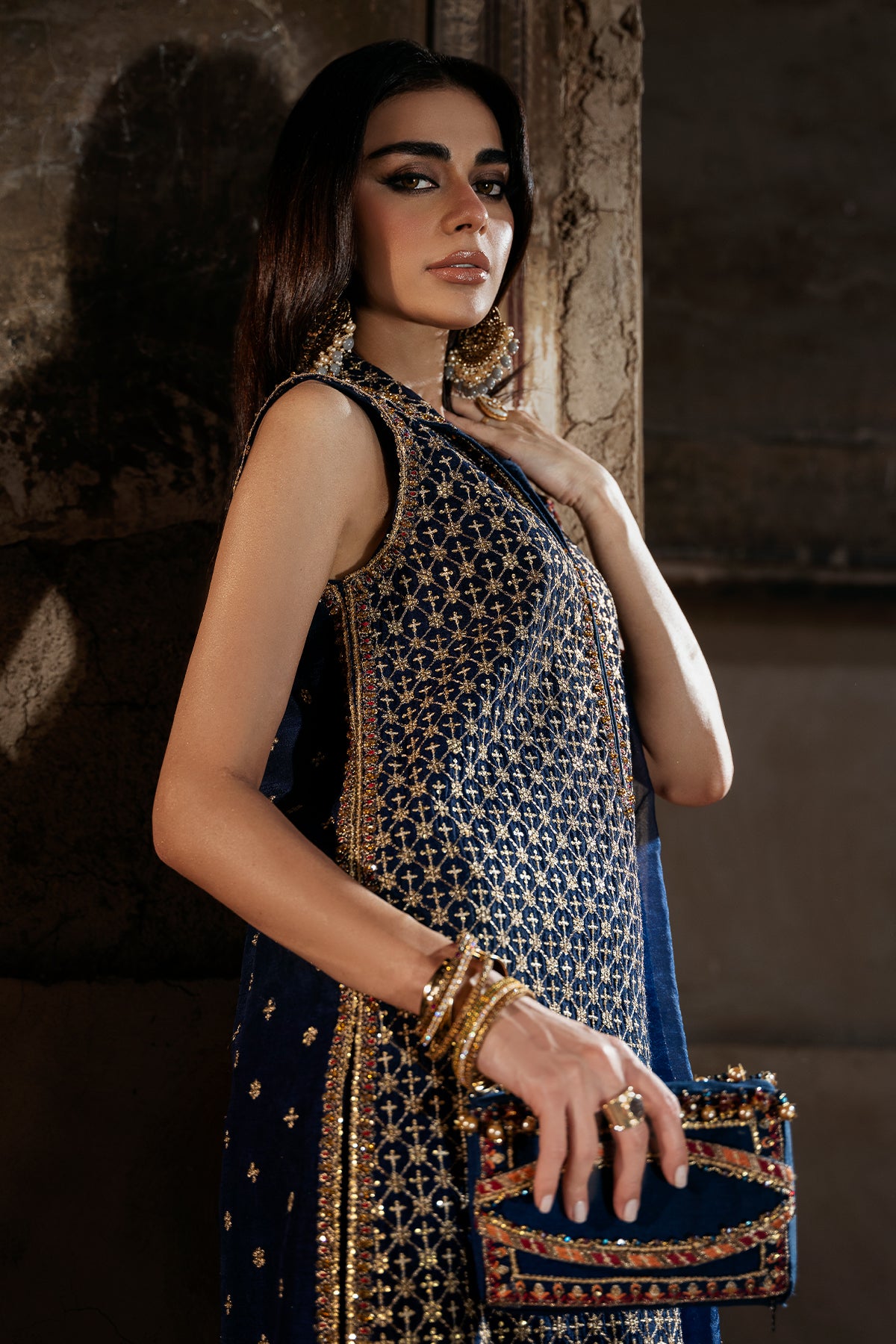 Pakistani Navy Embroidered Korean Raw Silk Salwar Kameez (3-Piece) - Image 4