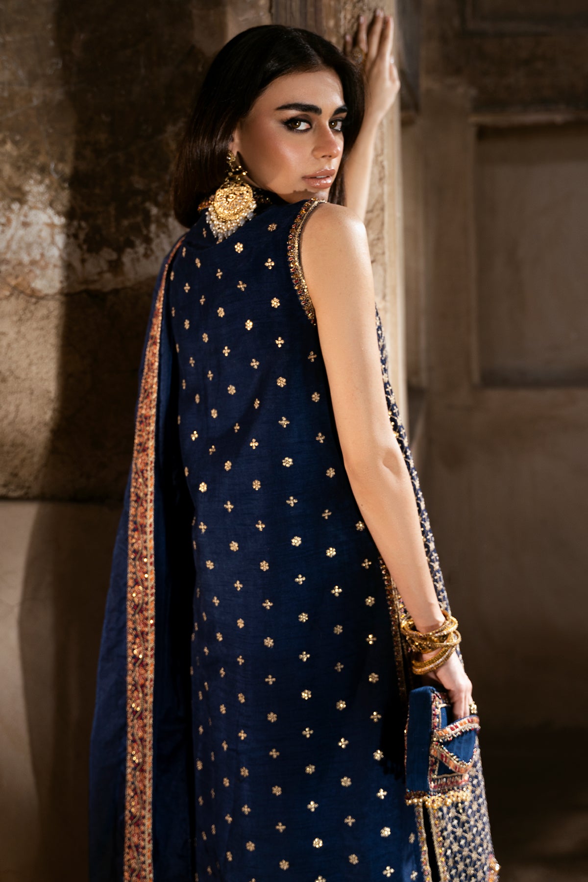 Pakistani Navy Embroidered Korean Raw Silk Salwar Kameez (3-Piece) - Image 5