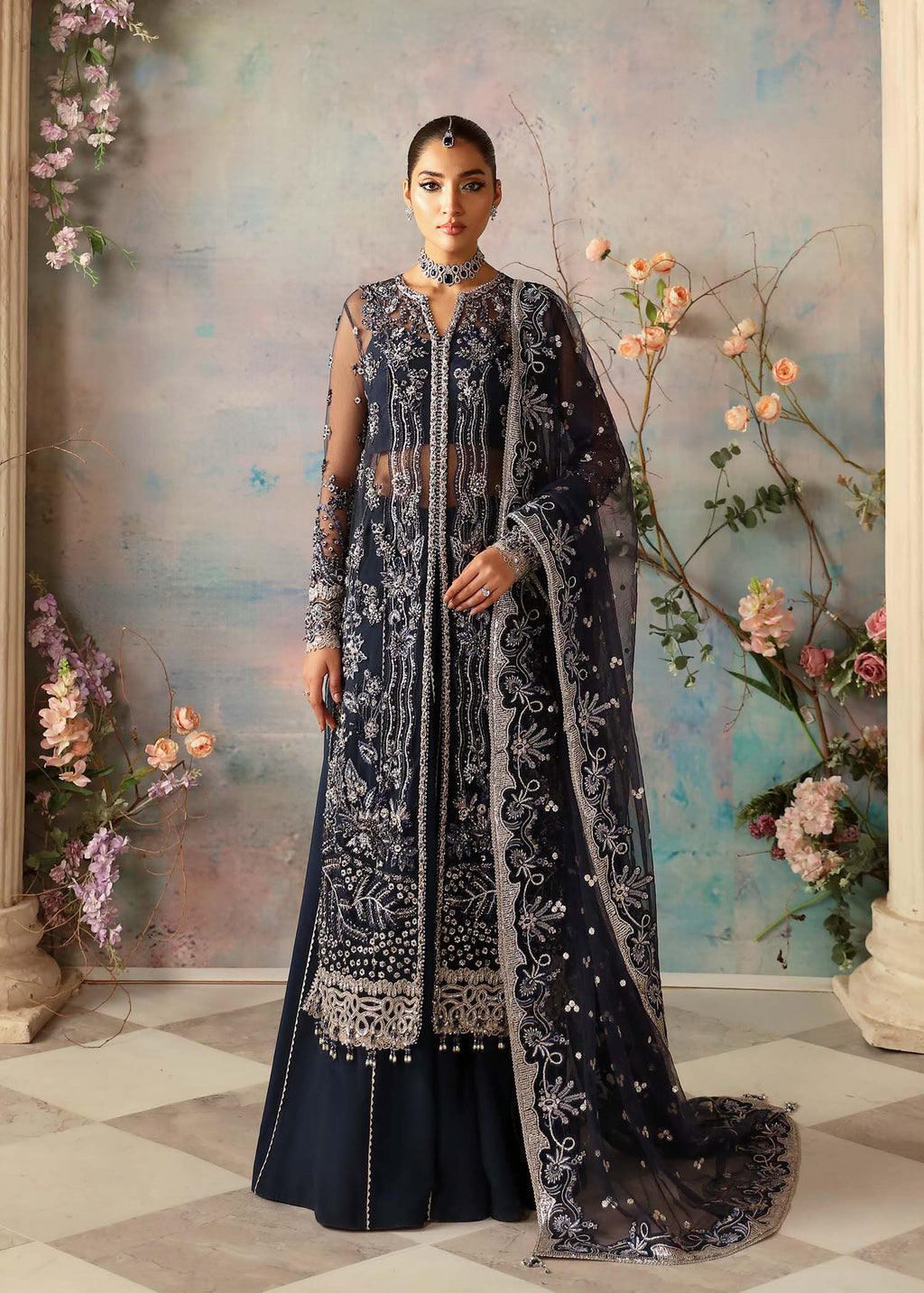 Pakistani Navy Hand-Embellished Net Salwar Kameez (3-Piece) - Image 1