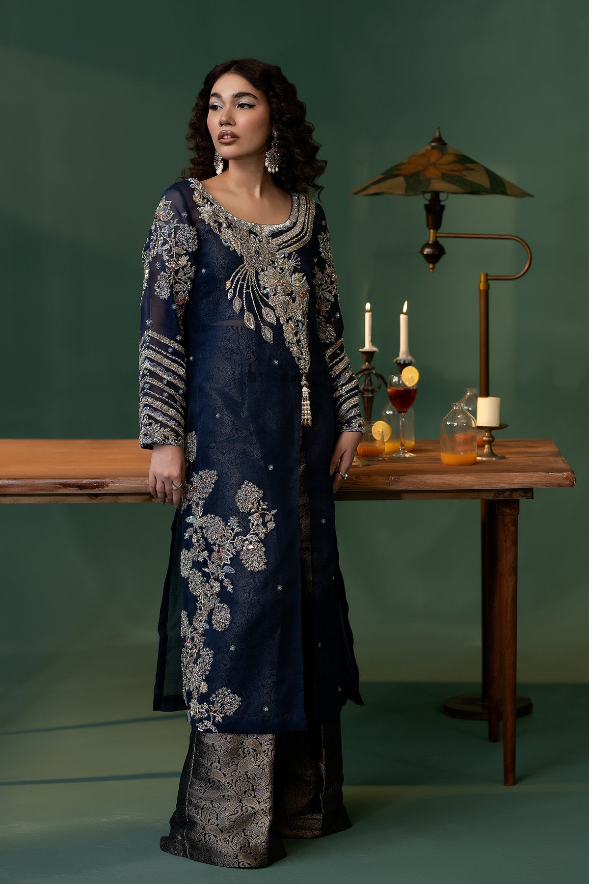 Navy Embellished Organza & Kimkhaab Salwar Kameez (2-Piece) - Image 1