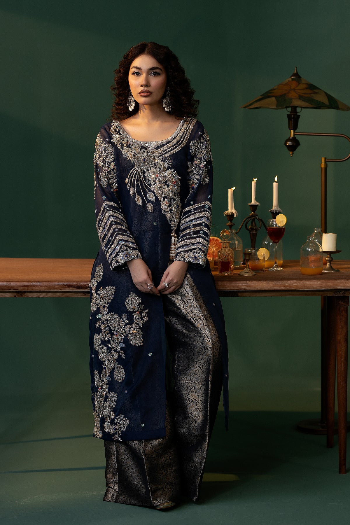 Navy Embellished Organza & Kimkhaab Salwar Kameez (2-Piece) - Image 2