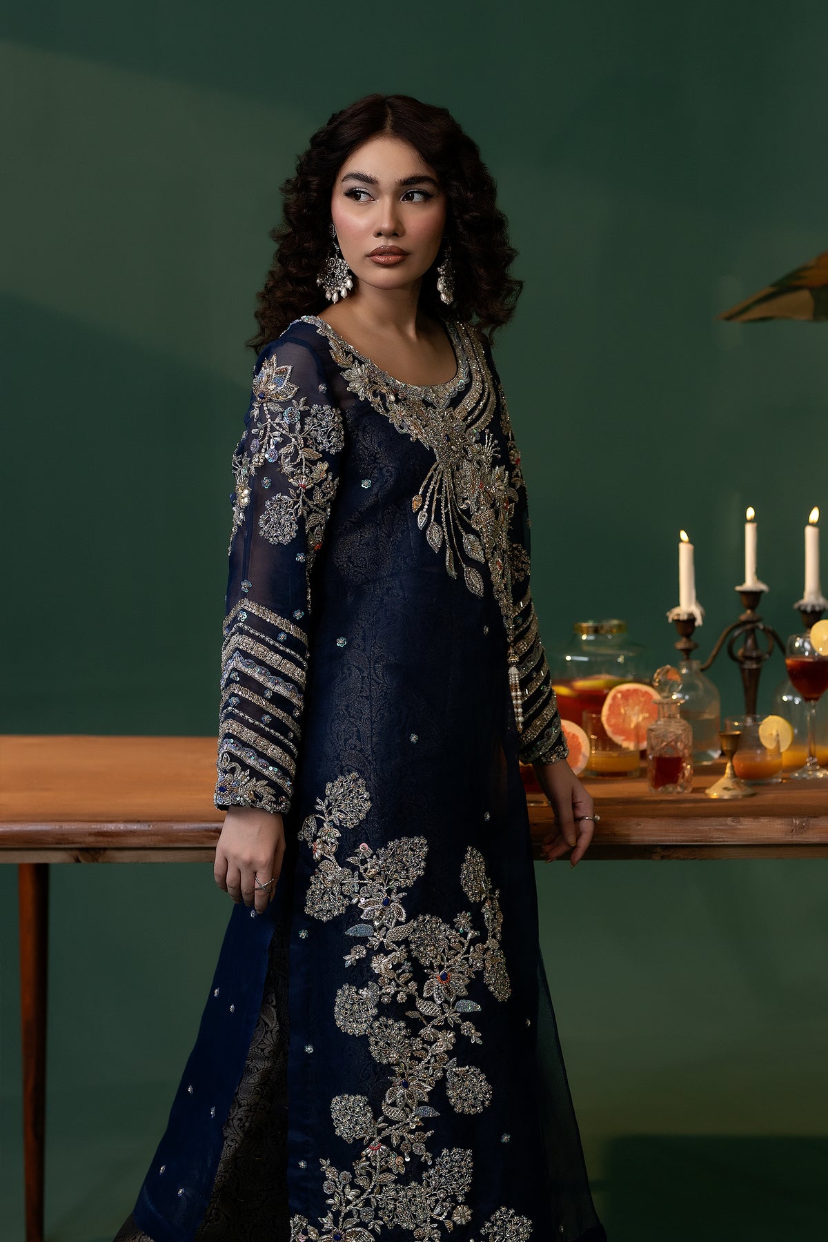 Navy Embellished Organza & Kimkhaab Salwar Kameez (2-Piece) - Image 4