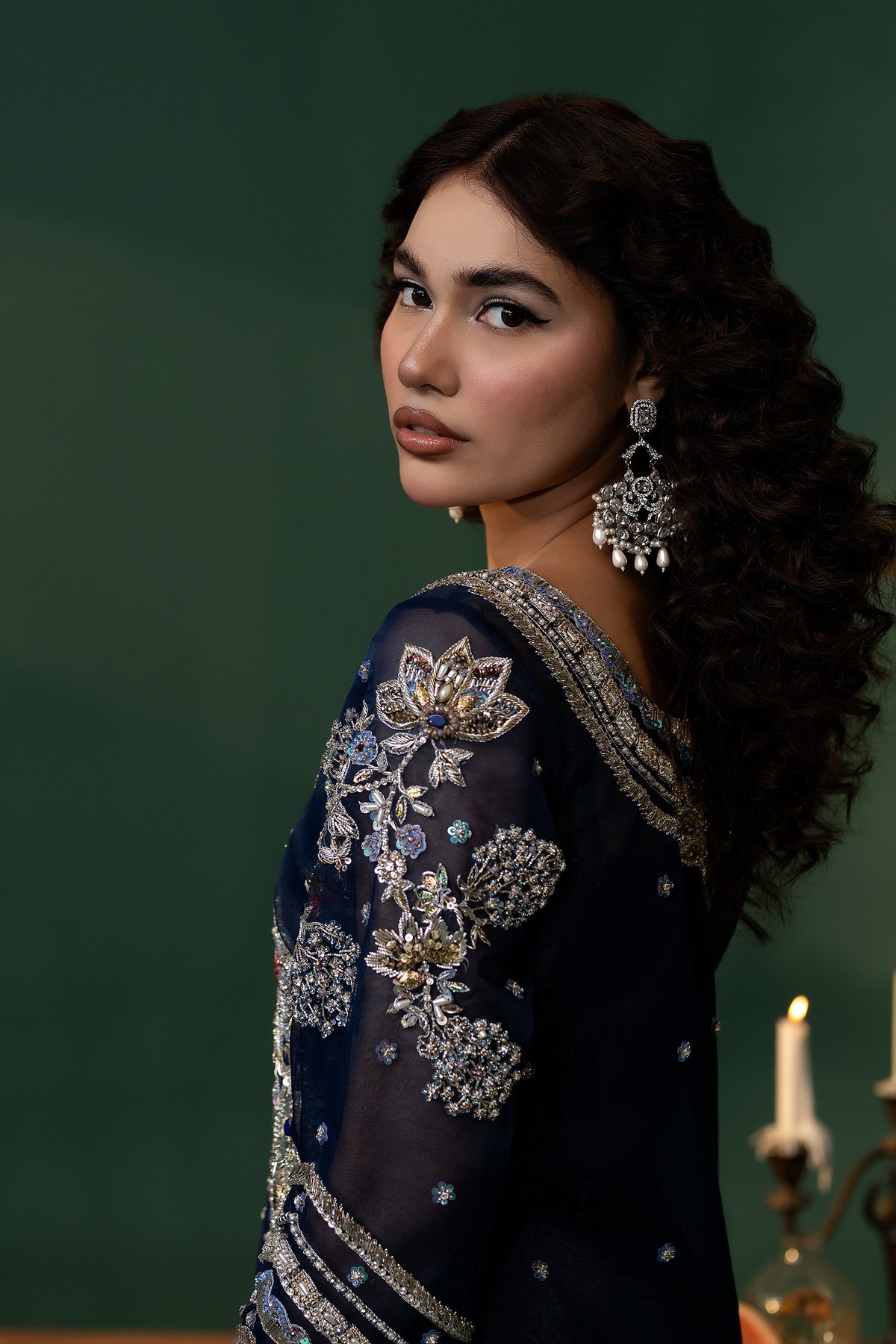Navy Embellished Organza & Kimkhaab Salwar Kameez (2-Piece) - Image 5