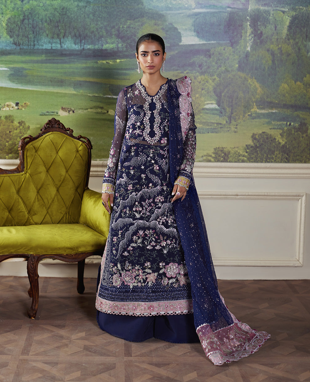 Pakistani Navy Blue Embroidered Organza & Raw Silk Salwar Kameez (3-Piece) - Image 1