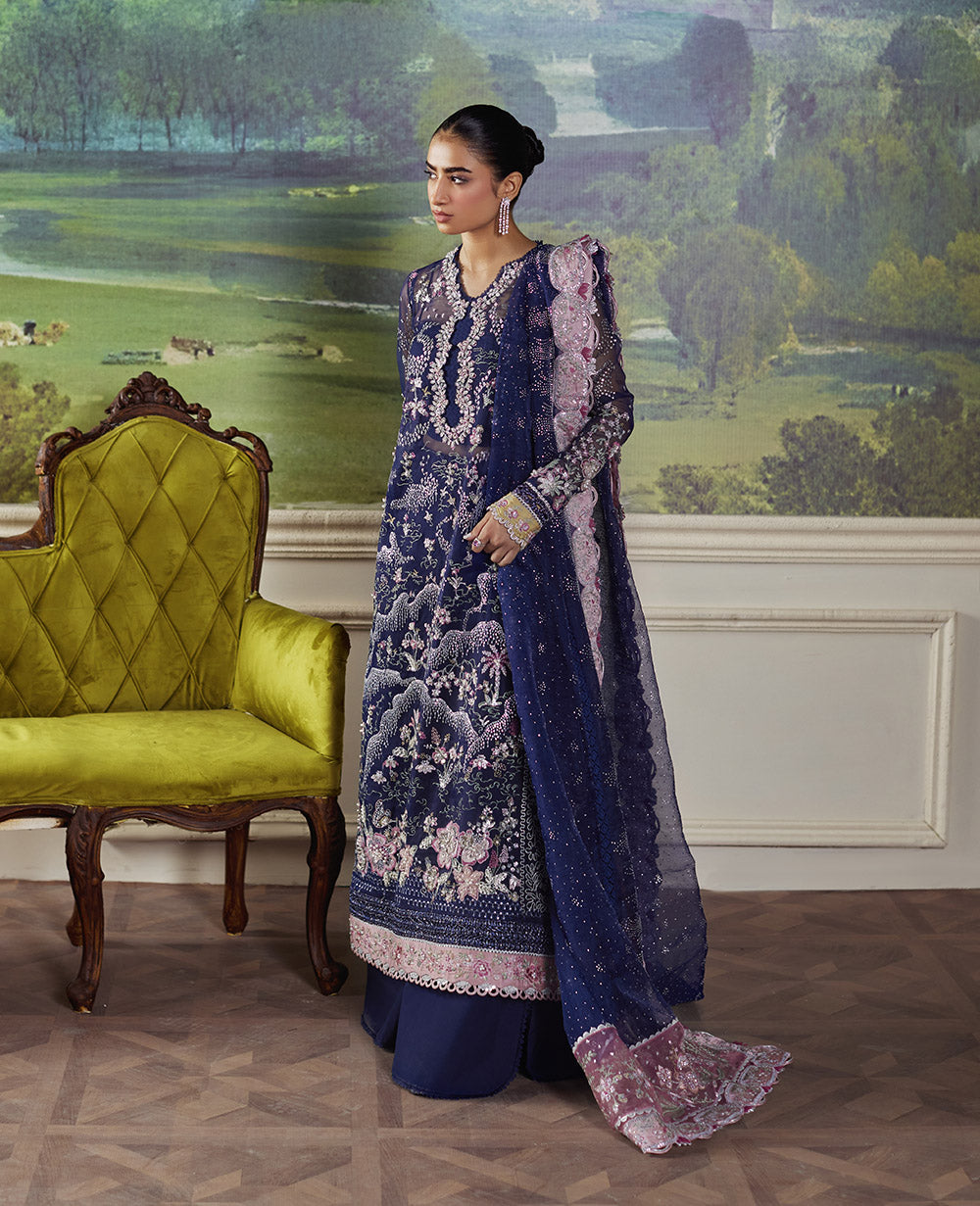 Pakistani Navy Blue Embroidered Organza & Raw Silk Salwar Kameez (3-Piece) - Image 3