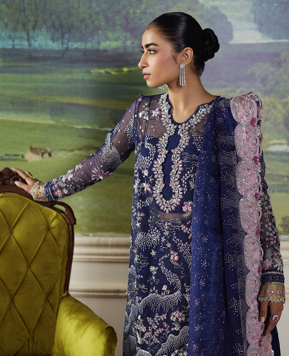 Pakistani Navy Blue Embroidered Organza & Raw Silk Salwar Kameez (3-Piece) - Image 4