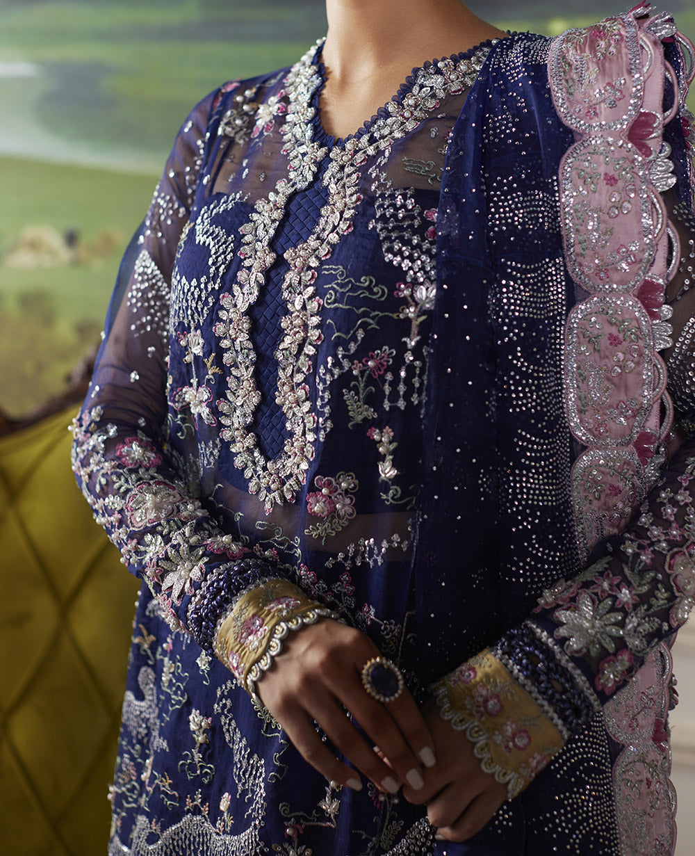 Pakistani Navy Blue Embroidered Organza & Raw Silk Salwar Kameez (3-Piece) - Image 5