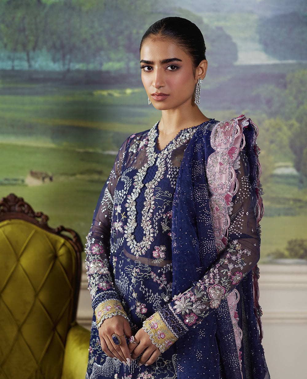 Pakistani Navy Blue Embroidered Organza & Raw Silk Salwar Kameez (3-Piece) - Image 6