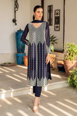 Pakistani Navy Blue Beaded Raw Silk Salwar Kameez (3-Piece) - Image 4