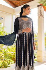 Pakistani Navy Blue Beaded Raw Silk Salwar Kameez (3-Piece) - Image 5