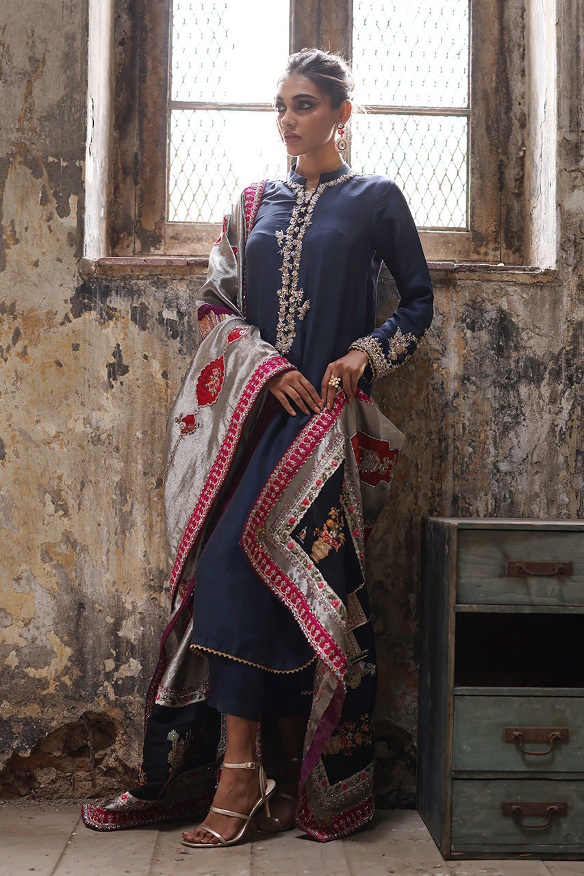 Pakistani Grey Metallic Tissue Chaddar & Navy Zardozi Salwar Kameez (3-Piece) - Image 1