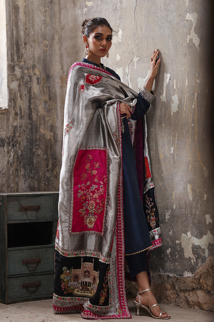 Pakistani Grey Metallic Tissue Chaddar & Navy Zardozi Salwar Kameez (3-Piece) - Image 2