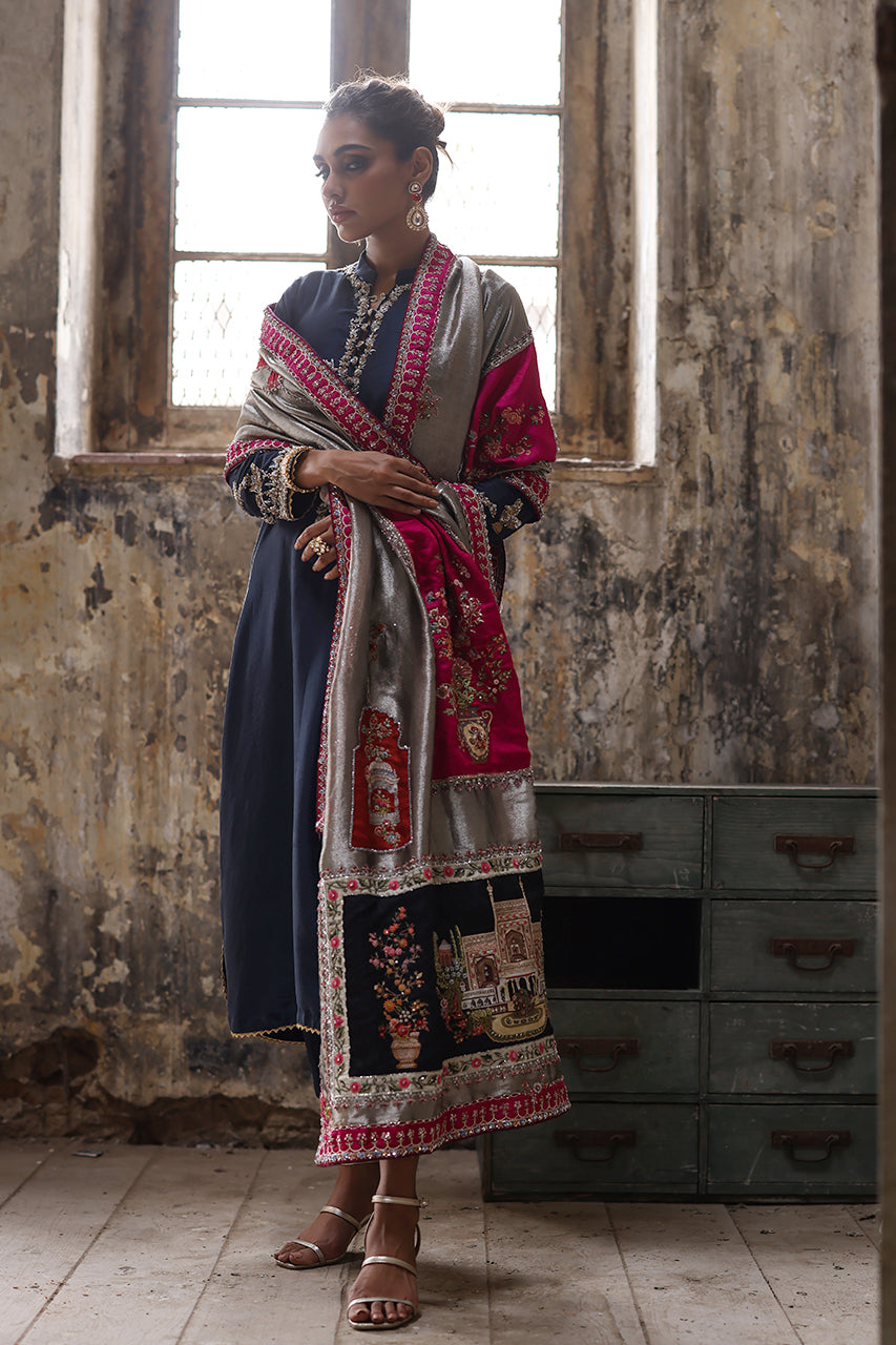 Pakistani Grey Metallic Tissue Chaddar & Navy Zardozi Salwar Kameez (3-Piece) - Image 3