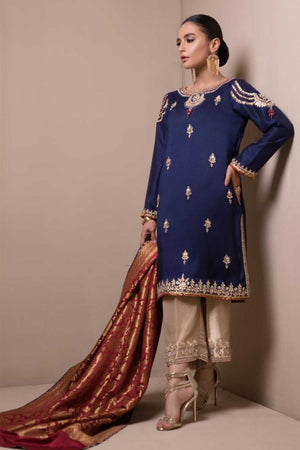 Navy Blue Kundan Stone Raw Silk Shirt (3-Piece) - Image 1