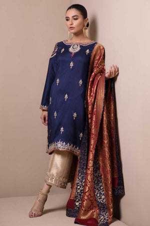 Navy Blue Kundan Stone Raw Silk Shirt (3-Piece) - Image 2
