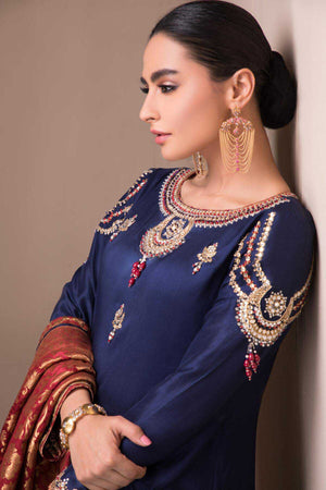 Navy Blue Kundan Stone Raw Silk Shirt (3-Piece) - Image 3