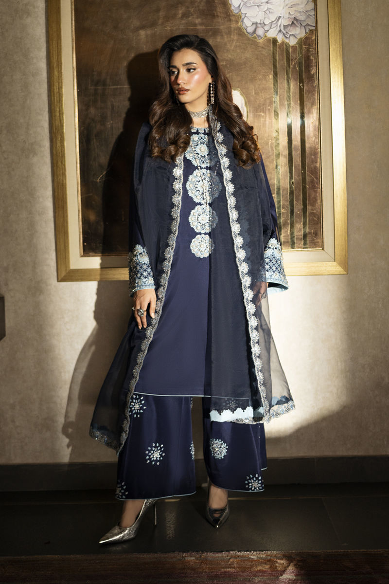Pakistani Navy Blue Embellished Raw Silk Salwar Kameez (3-Piece) - Image 1