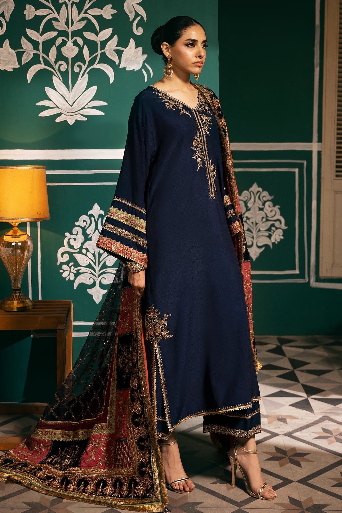 Navy Embroidered Raw Silk Salwar Kameez (3-Piece) - Image 1