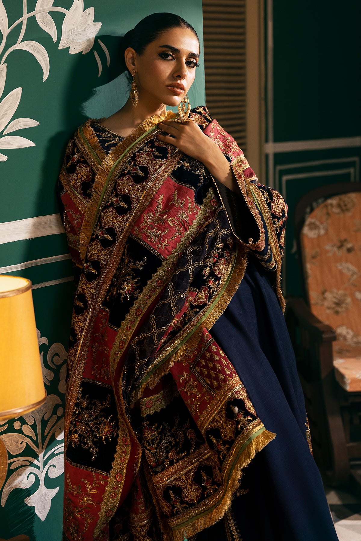 Navy Embroidered Raw Silk Salwar Kameez (3-Piece) - Image 5