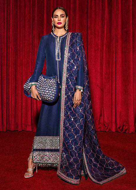 Navy Blue Embellished Raw Silk Long Shirt (3-Piece) - Image 1