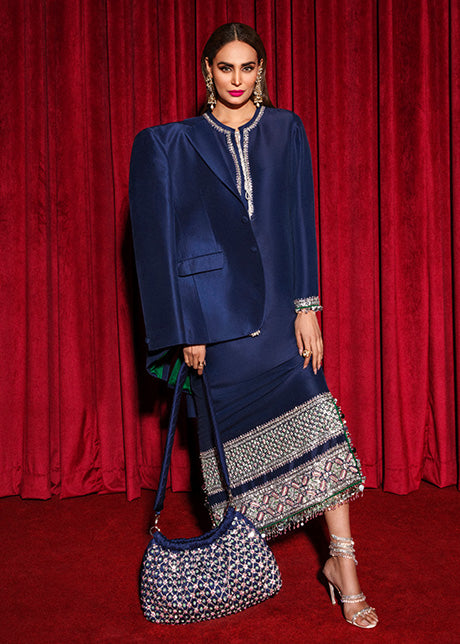 Navy Blue Embellished Raw Silk Long Shirt (3-Piece) - Image 3