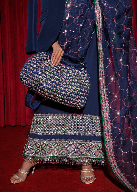 Navy Blue Embellished Raw Silk Long Shirt (3-Piece) - Image 6